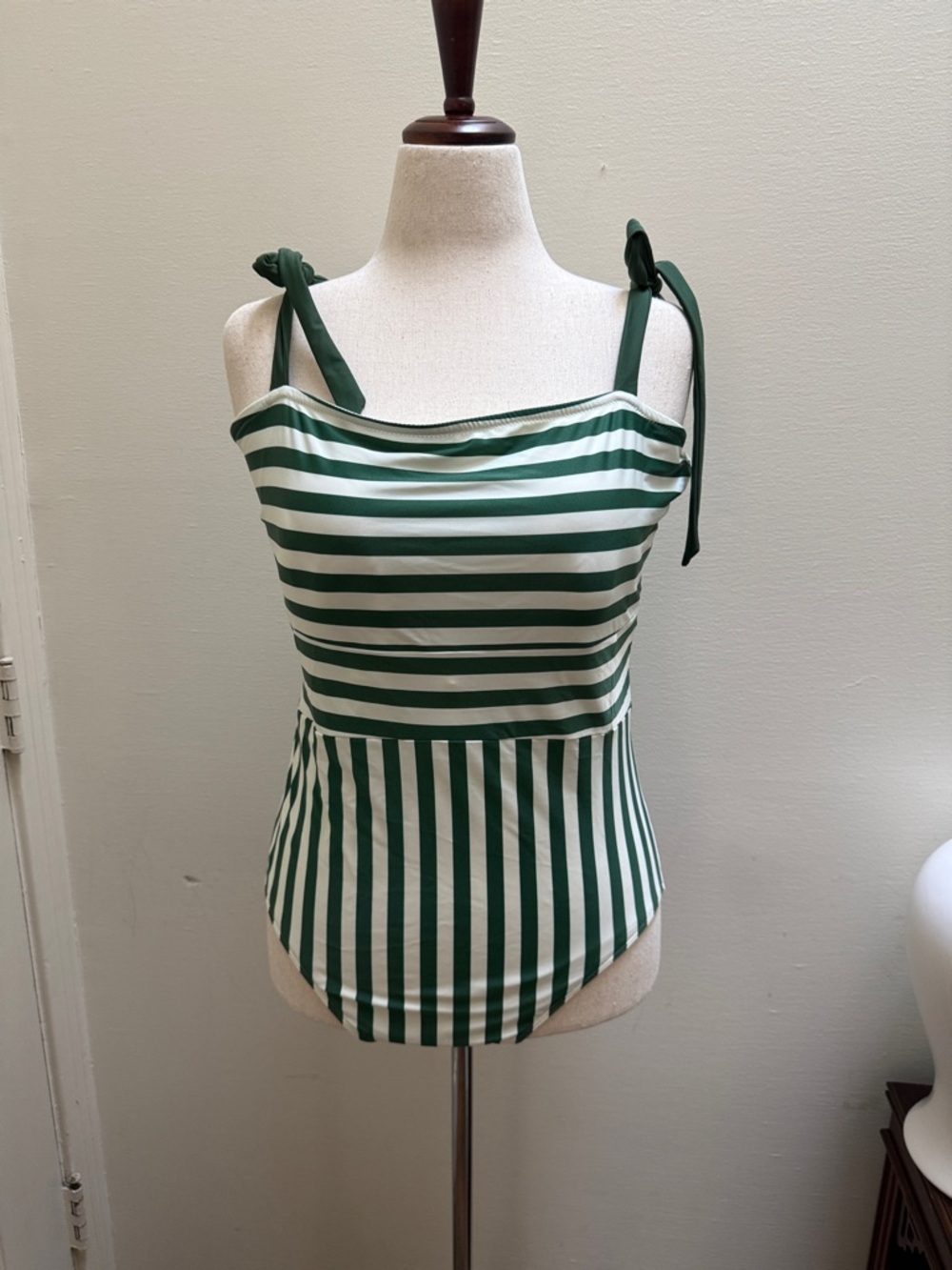 summersalt Green and white striped swimsuit tie shoulders